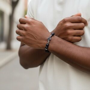 Black Beaded Bracelet with Cross Accent